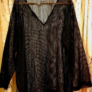 BLACK SWIMSUIT COVER-UP MADE OF SEE THROUGH NETTING WITH BLACK SEQUINS ON FABRIC